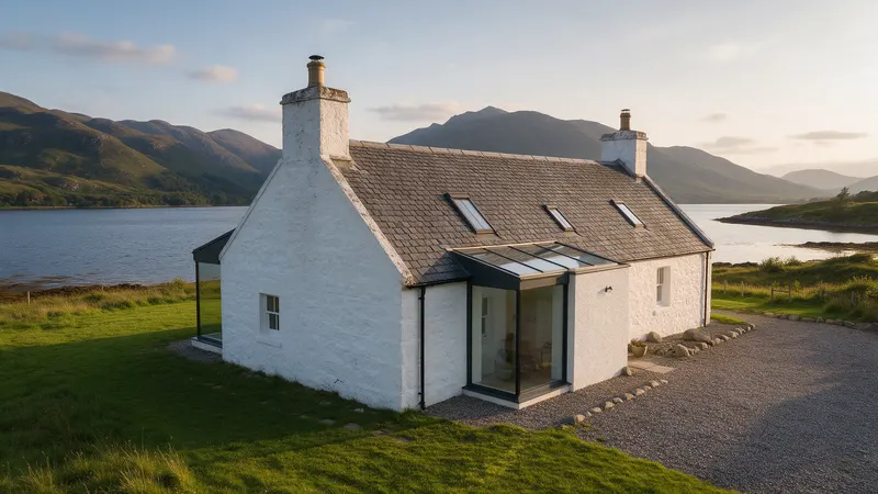 Exterior photo of a whitewashed cottage beside a loch