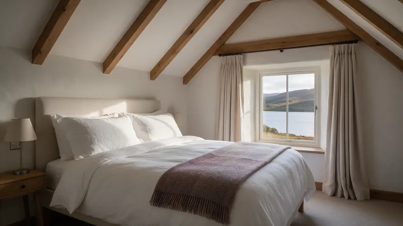 Bedroom with oak beams and a window over the hills